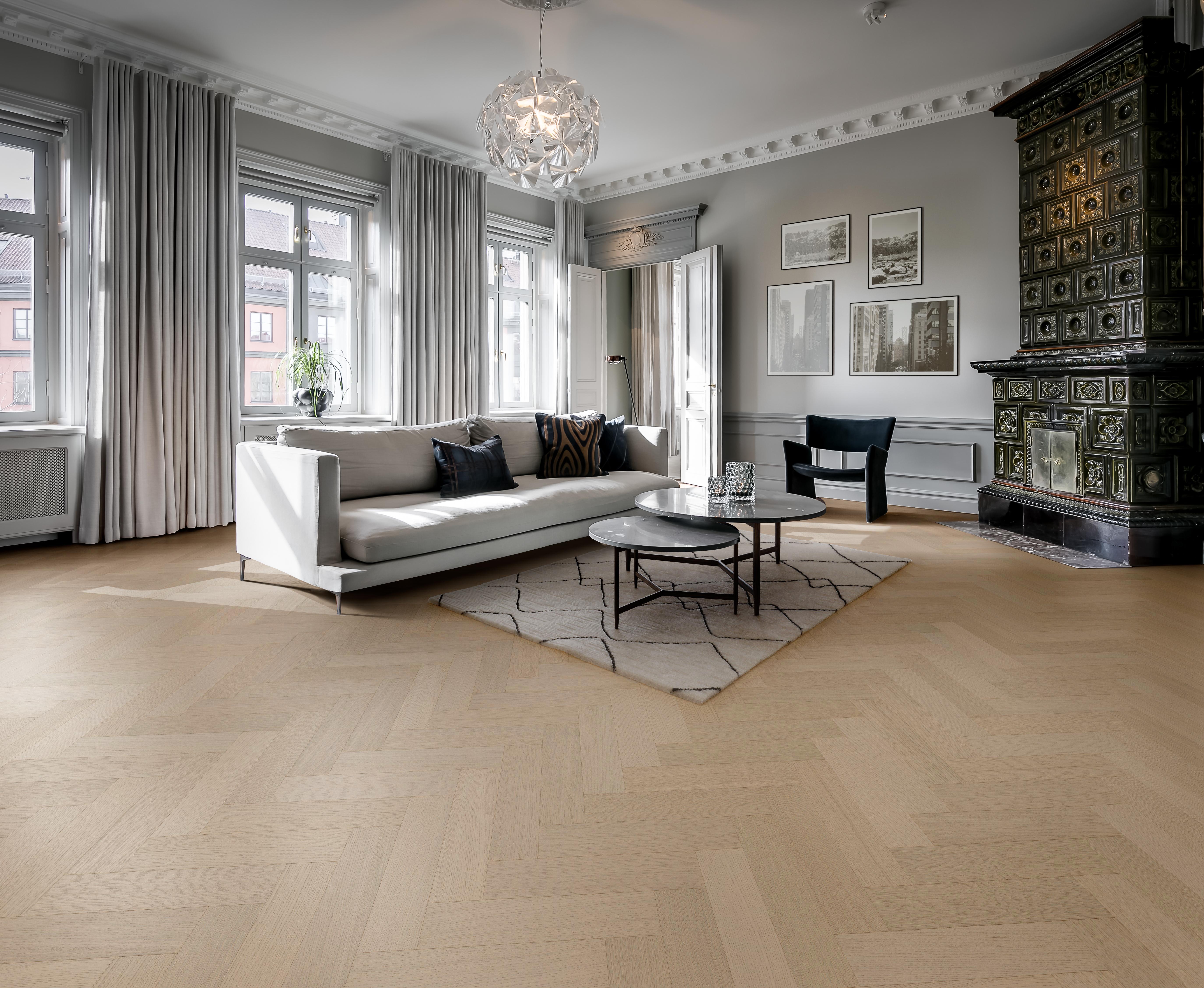 Kahrs Life Authentic Herringbone Oak Mint Engineered Flooring, Brushed & Ultra Matt Lacquered, 121x10x593mm Image