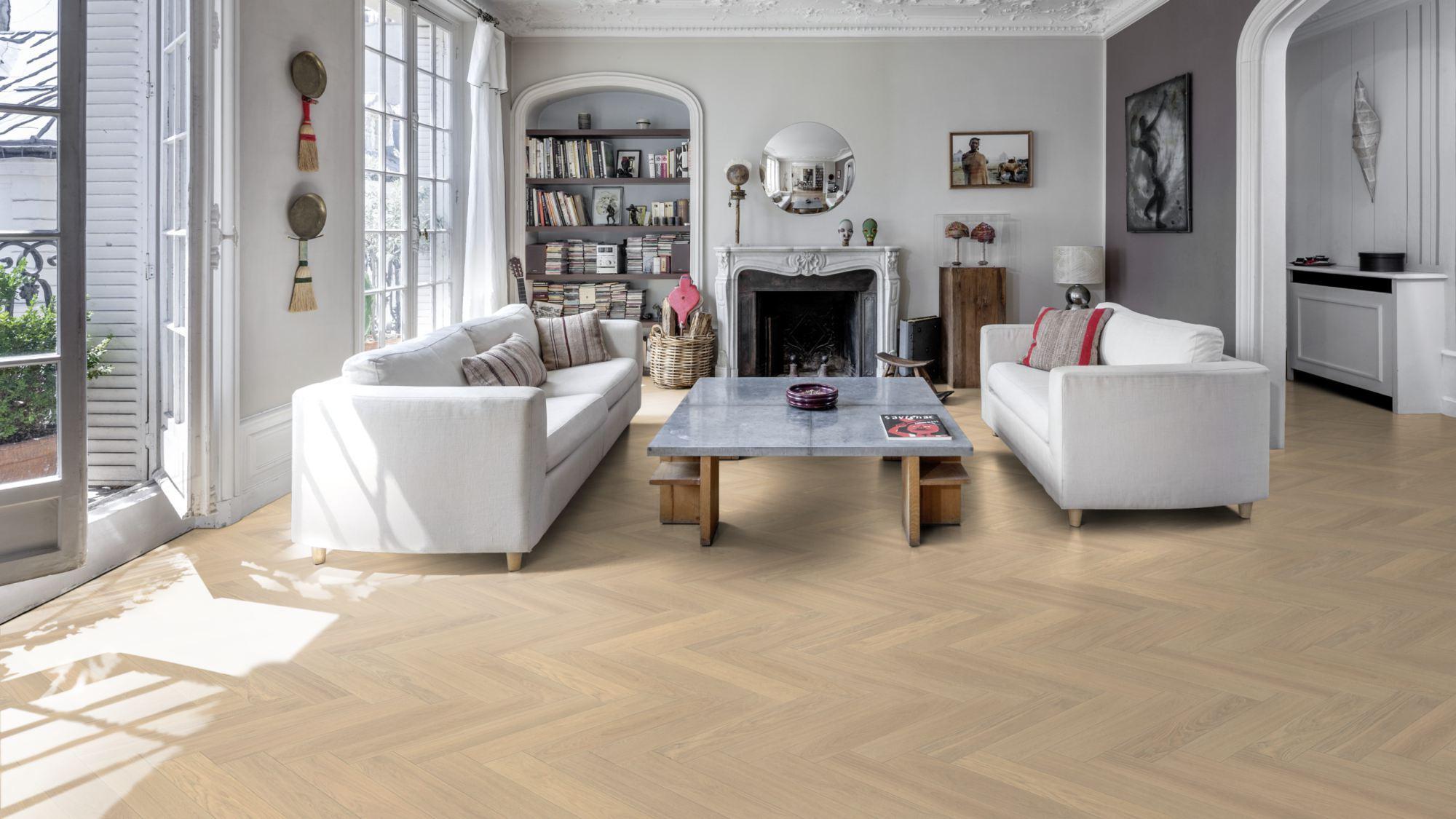 Kahrs Large Herringbone Oak Herringbone Ab Crème White Engineered Flooring, Brushed & Oiled, 120x11x600mm Image