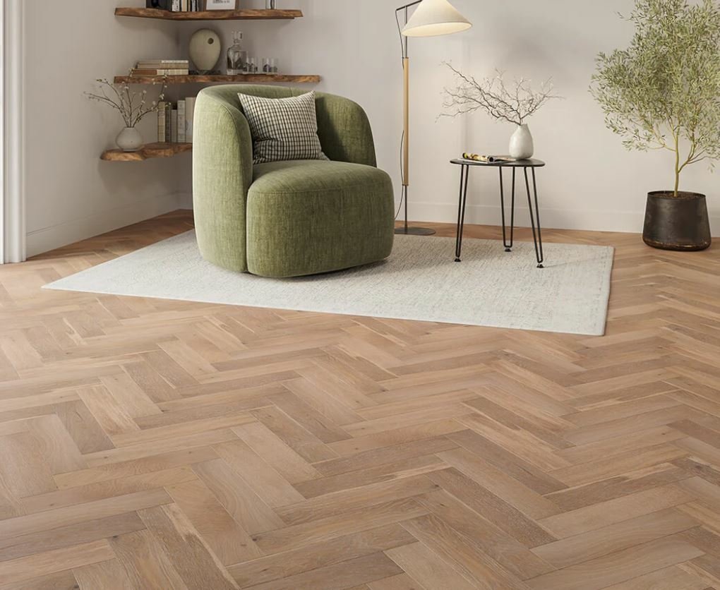 Briarthyme Herringbone Engineered Oak Flooring, Grey Smoked, Brushed, UV Oiled, 90x15x400mm Image