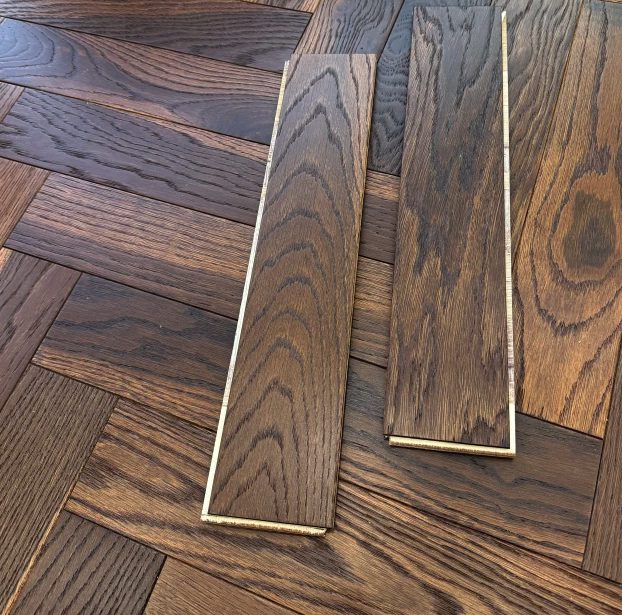 Tradition Engineered Oak Parquet Flooring, Herringbone, Smoked Oak, Lacquered, 90x10x600mm Image