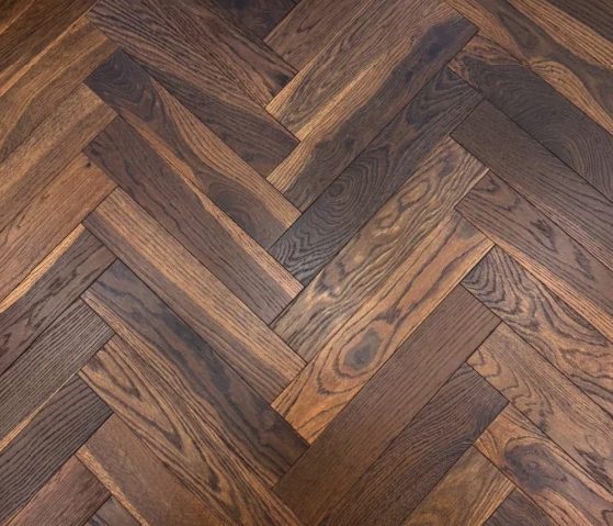 Tradition Engineered Oak Parquet Flooring, Herringbone, Smoked Oak, Lacquered, 90x10x600mm Image