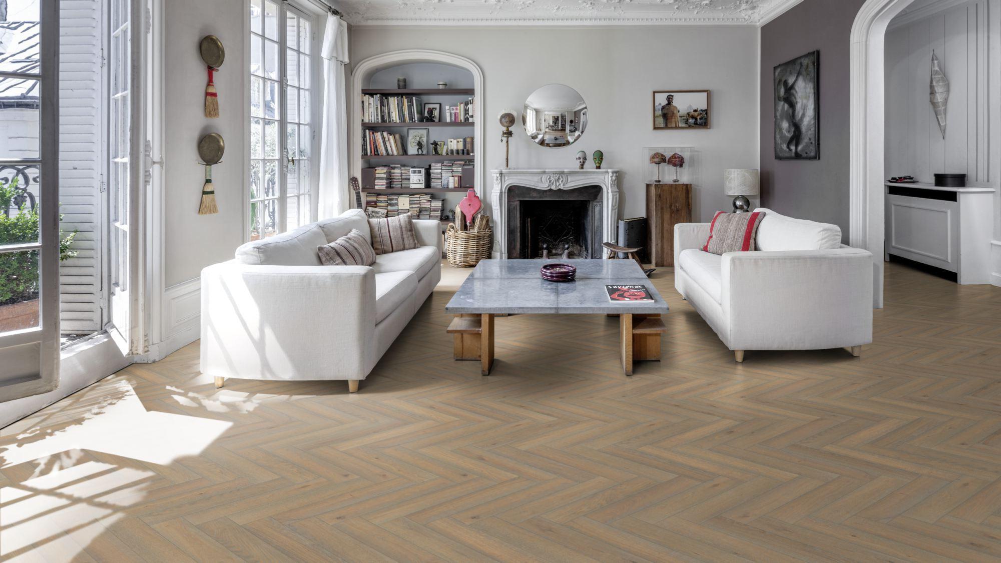 Kahrs Large Herringbone Oak Herringbone Cc Vintage White Engineered Flooring, Brushed & Oiled, 120x11x600mm Image